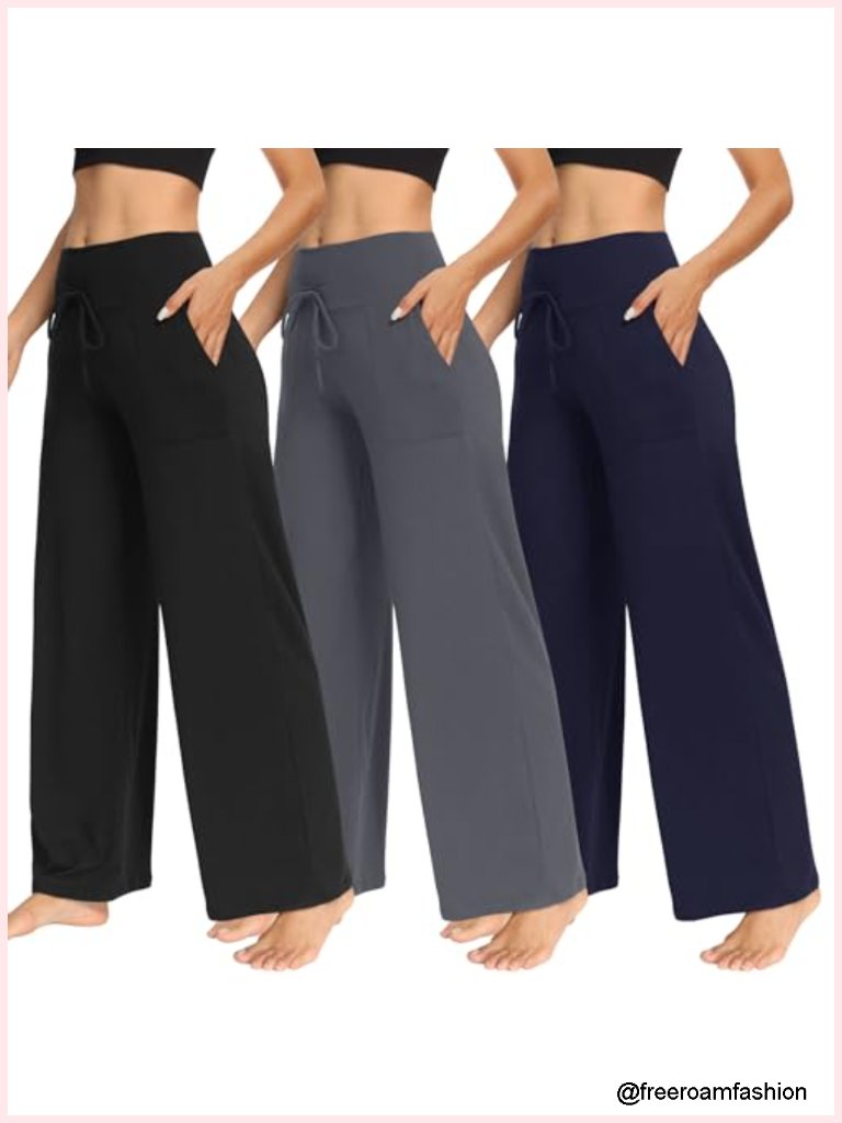 3 Pack Wide Leg Pants With Pockets Casual Loose Yoga Sweatpants Palazzo Lounge